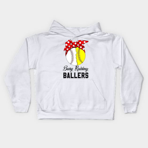 Busy Raising Ballers Red Bow Softball Baseball Kids Hoodie by Vigo